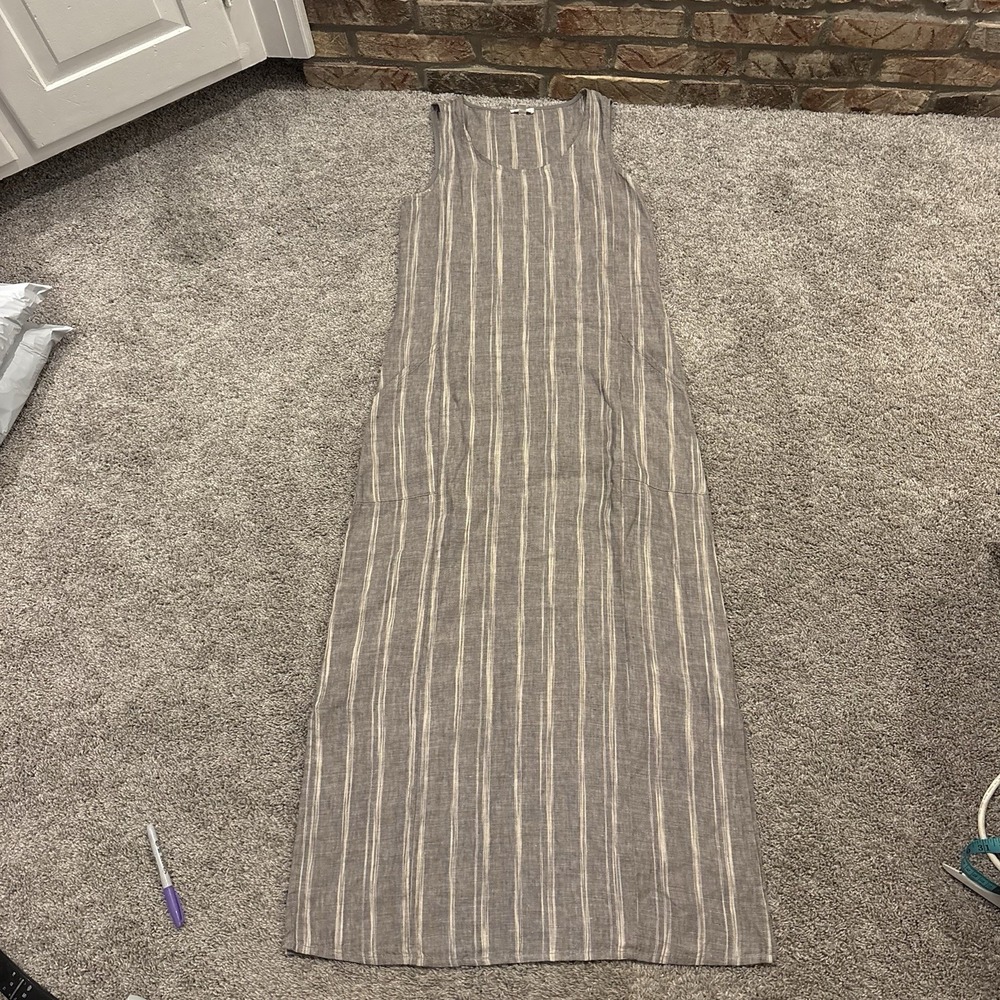 Garnet Hill Lagenlook Linen Tank Dress Women 4 XS Gray Beach Long Shift Striped